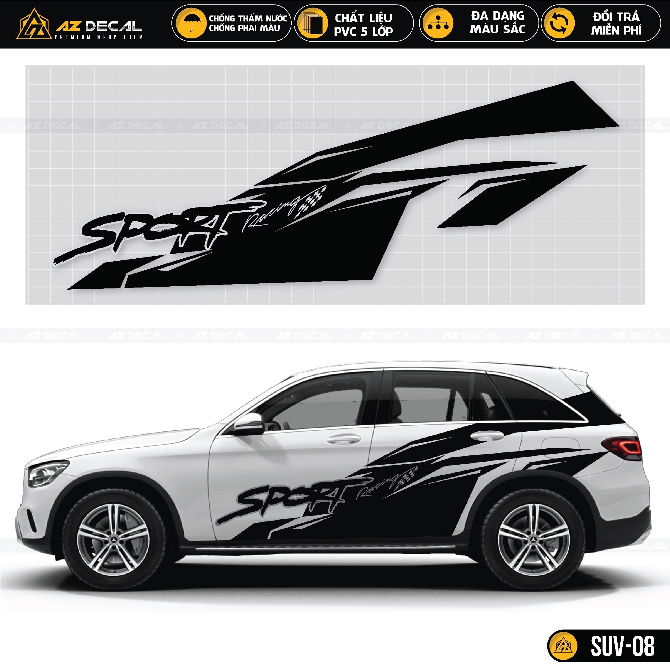 Tem Sport Racing đen dán sườn xe SUV trắng