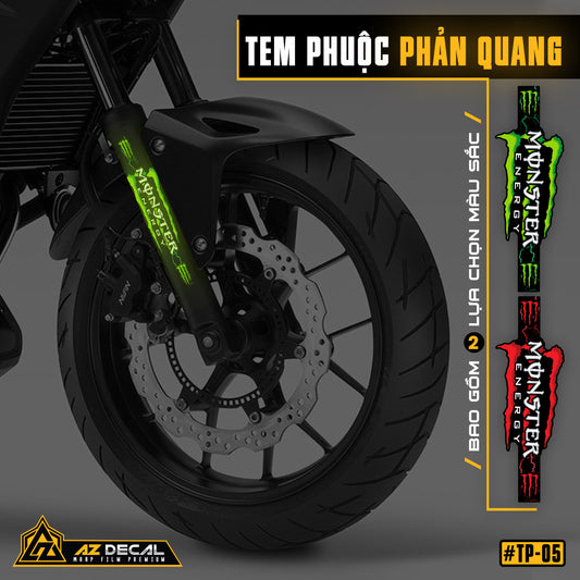 Tem phuộc xe máy, xe điện phản quang Monster xanh