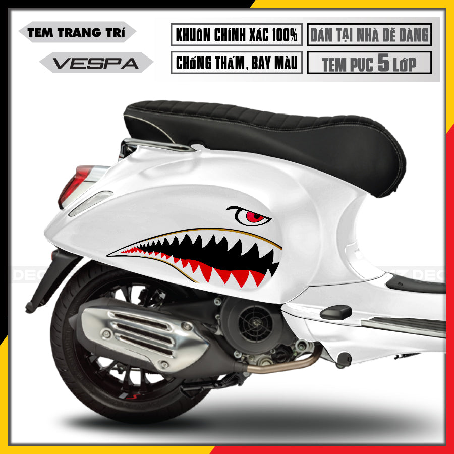 Tem xe Vespa cá mập cho xe trắng