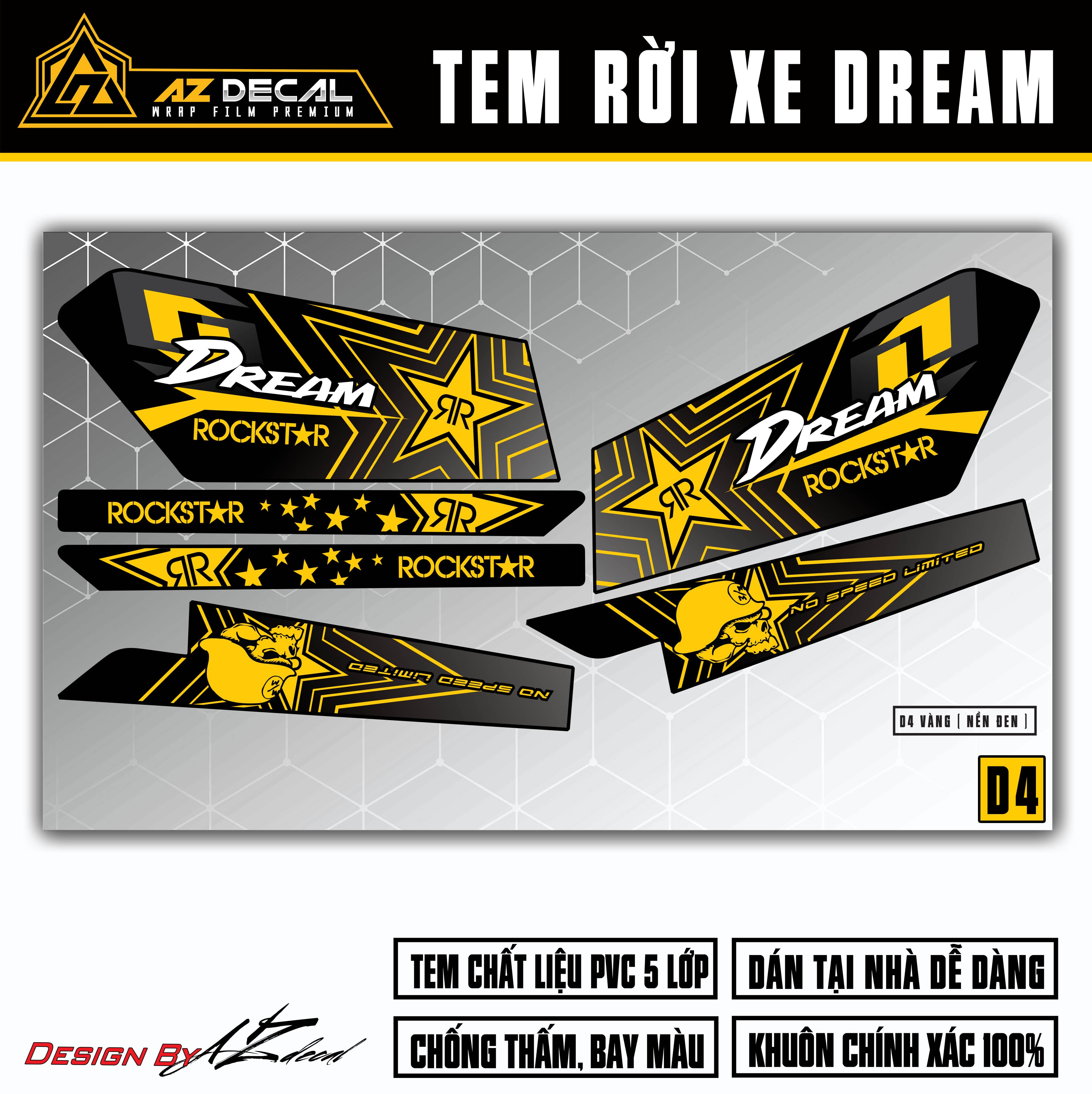 Decal xe Super Dream Việt/Thái mẫu Rockstar màu vàng