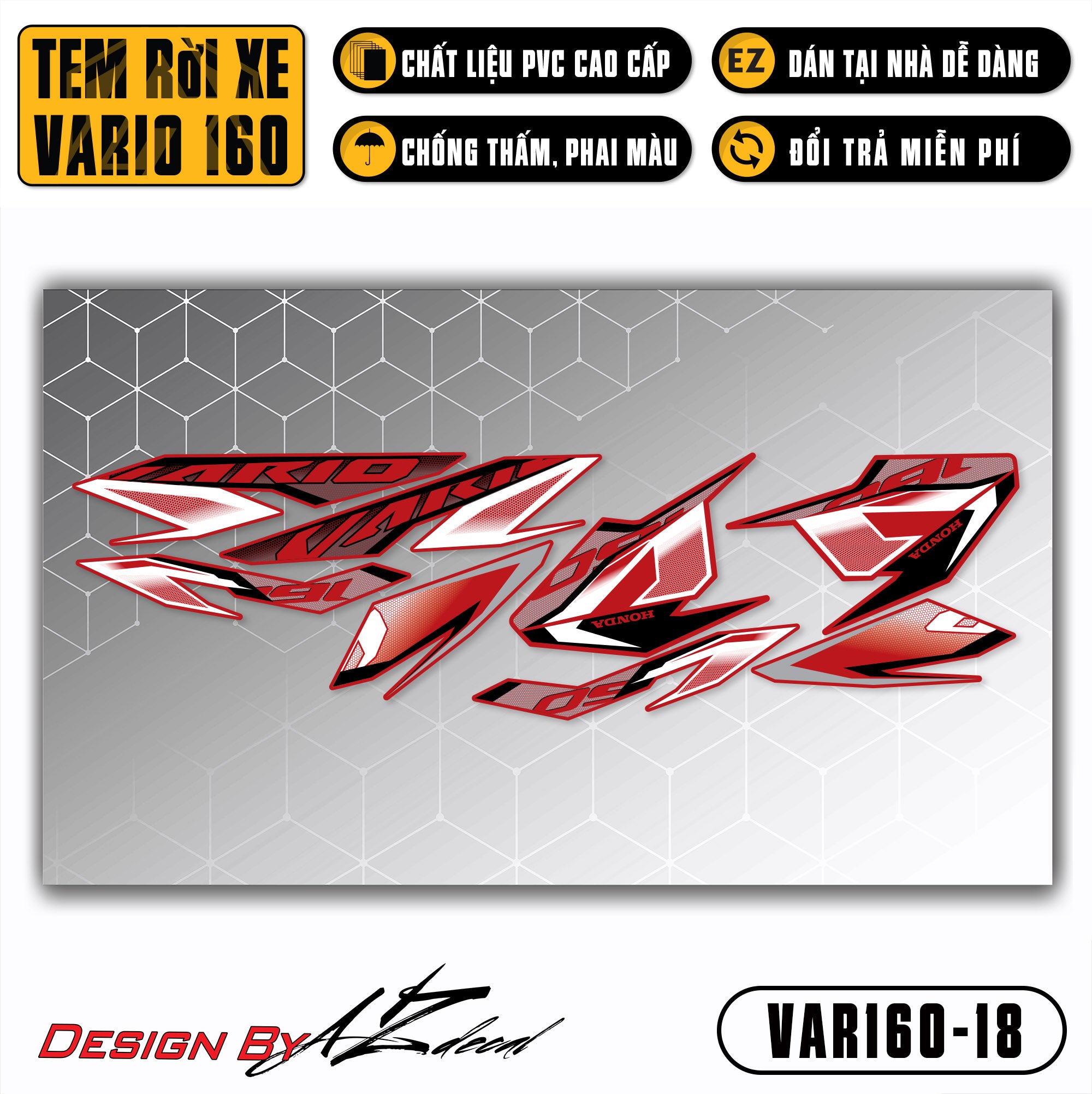 Decal dán xe Vario 160 màu đen trắng (nền đỏ)