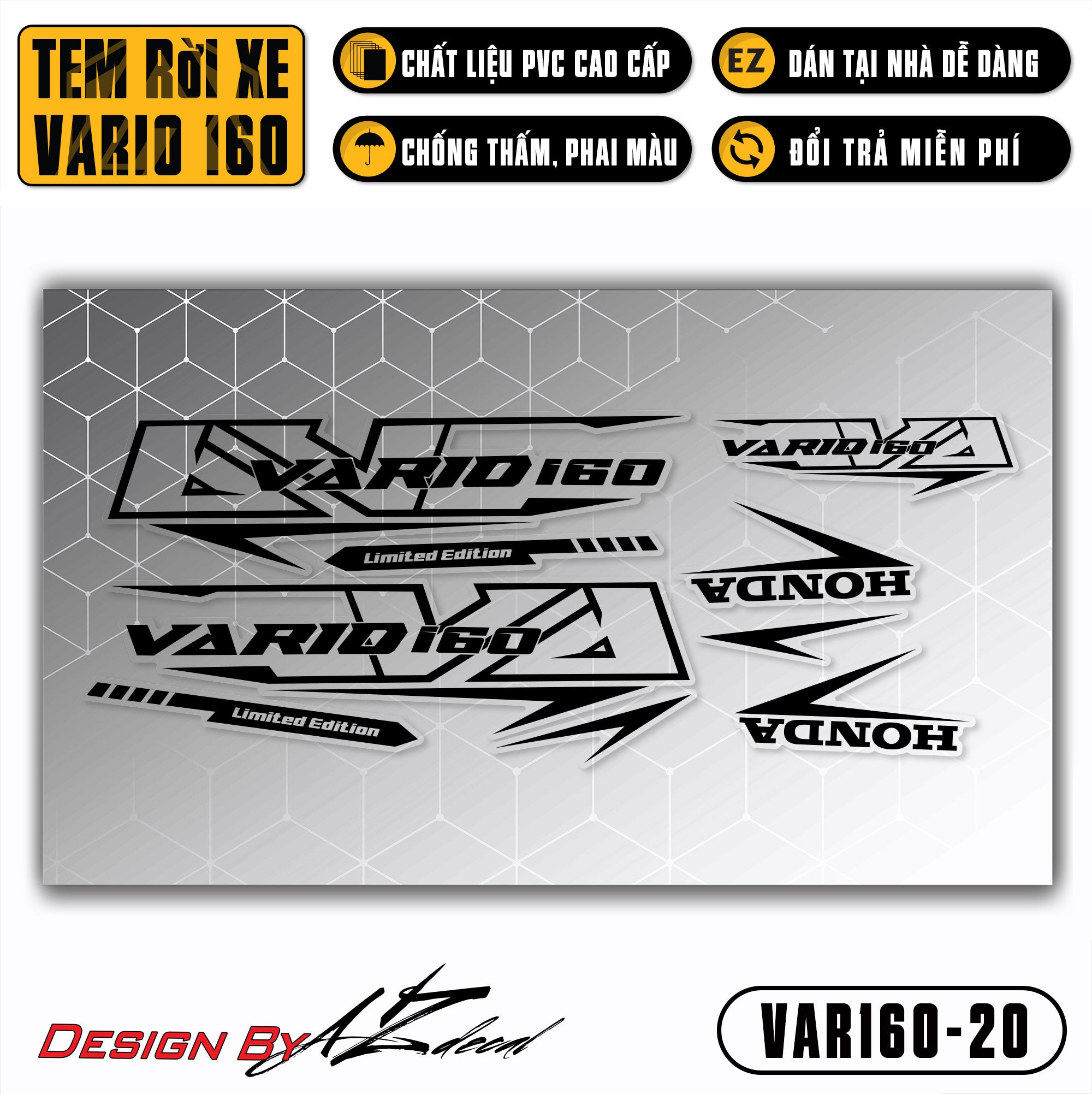 Decal dán xe Vario 160 màu đen nền trong