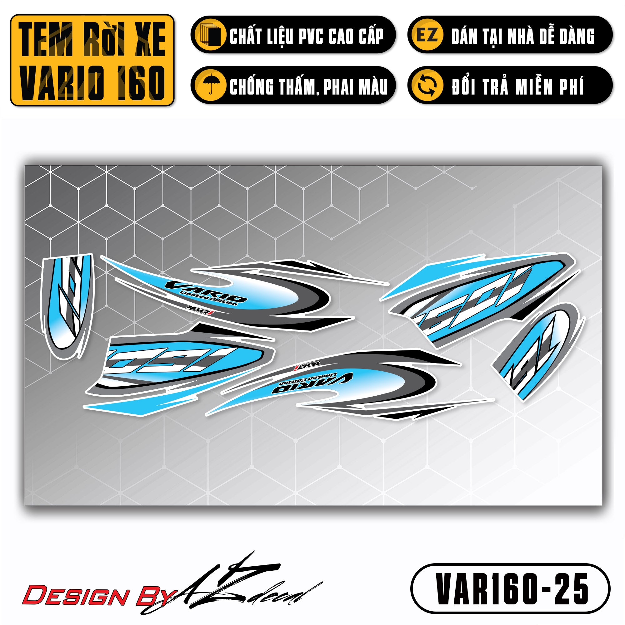 Decal dán xe Vario 160 màu xanh xám nền trắng