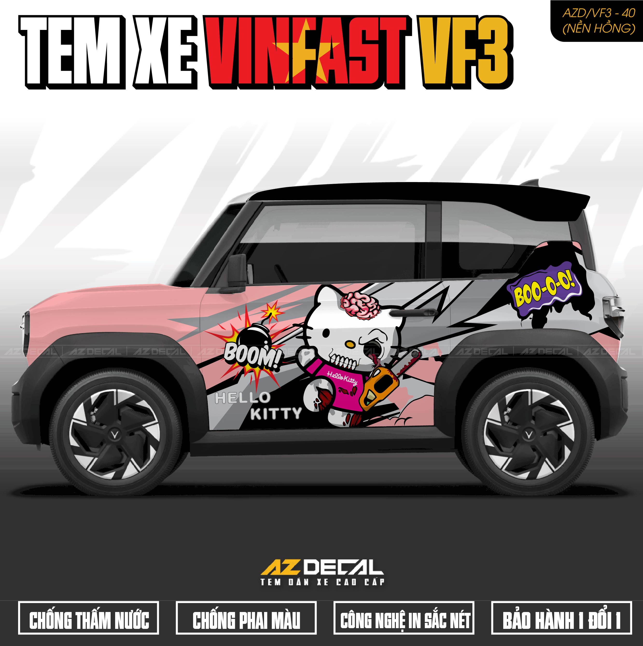 Tem Xe Vinfast VF3 Mẫu VF3-40 Hello Kitty - Thiết Kế Theo Yêu Cầu