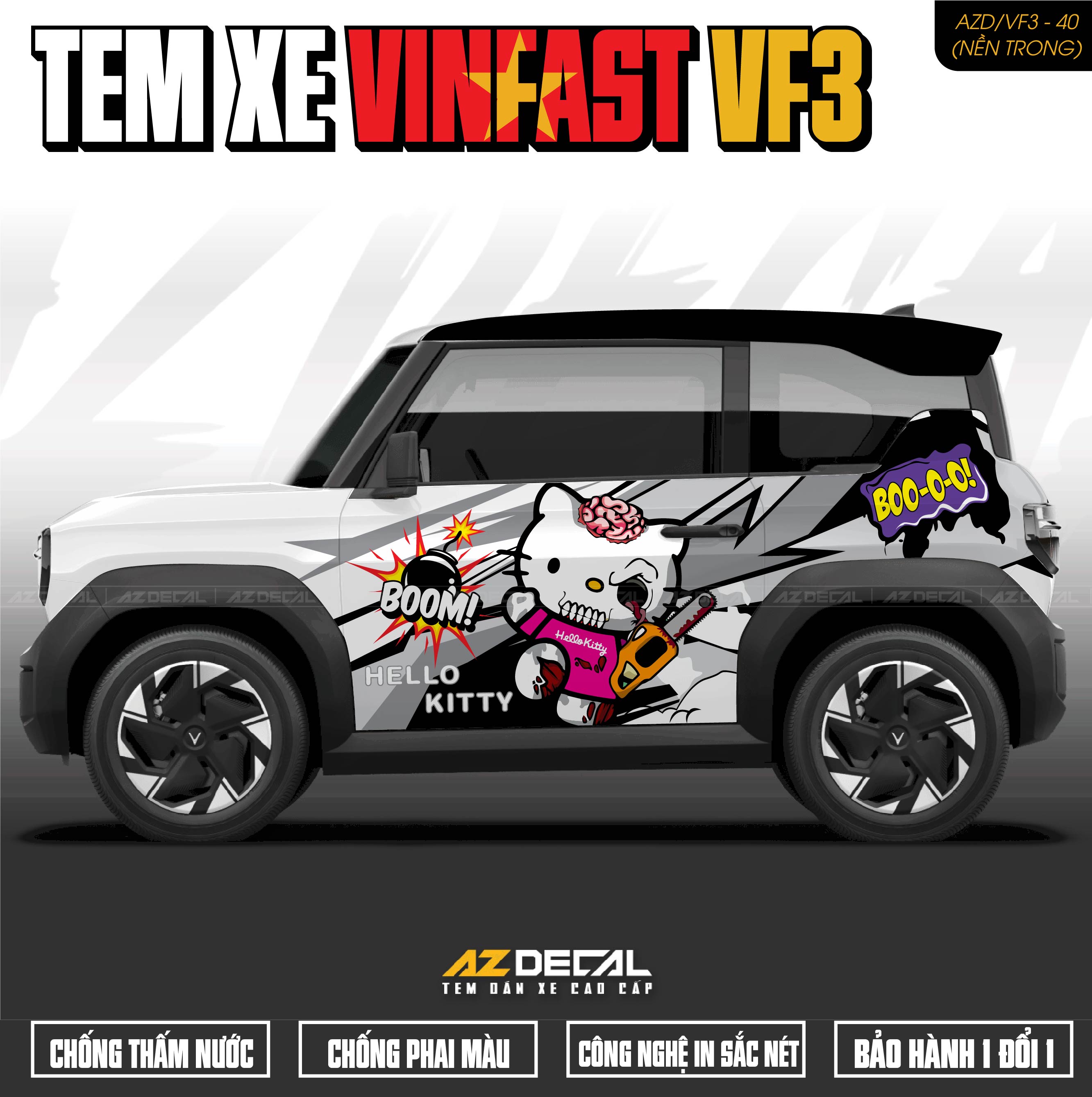 Tem Xe Vinfast VF3 Mẫu VF3-40 Hello Kitty - Thiết Kế Theo Yêu Cầu