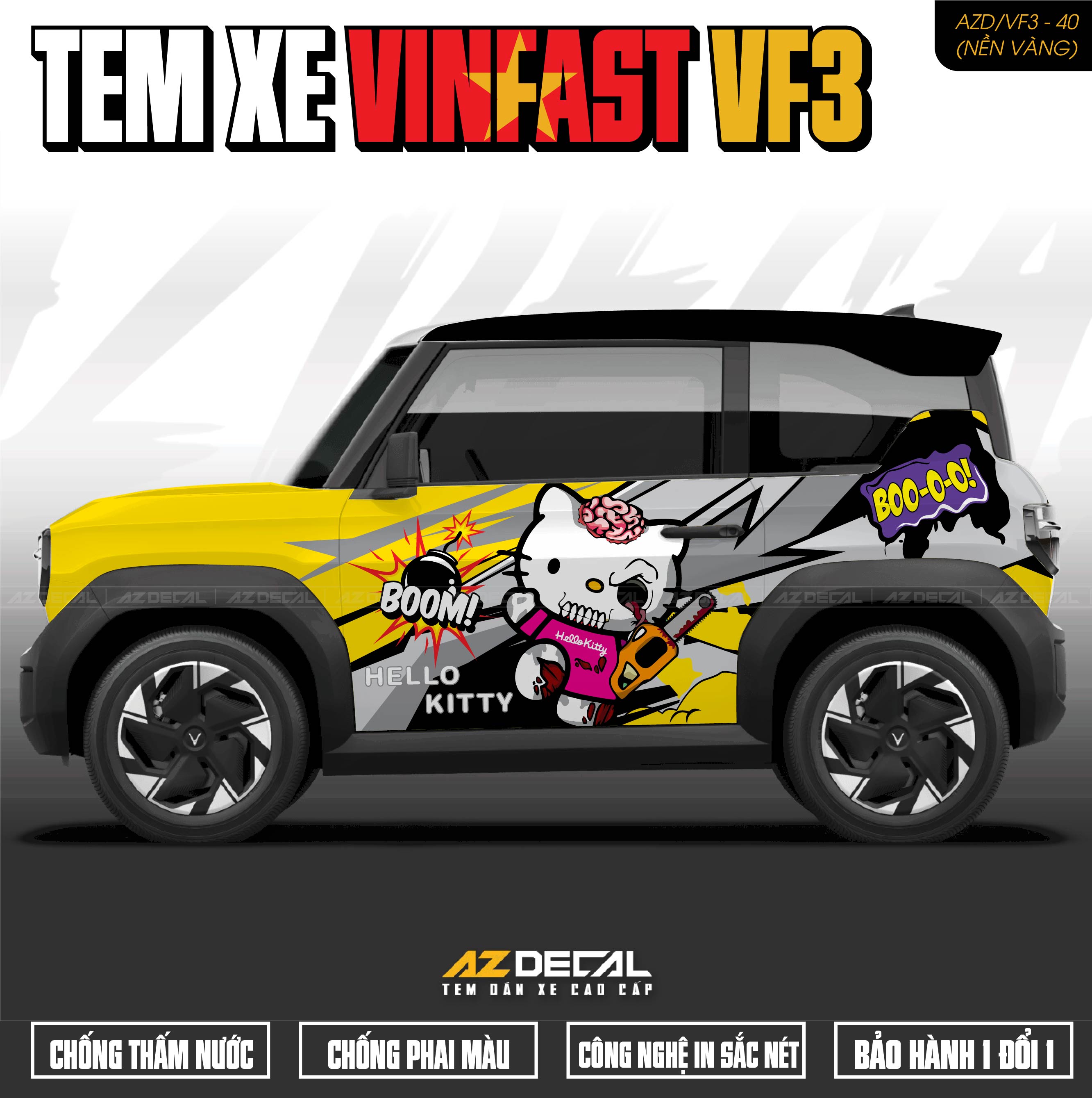 Tem Xe Vinfast VF3 Mẫu VF3-40 Hello Kitty - Thiết Kế Theo Yêu Cầu