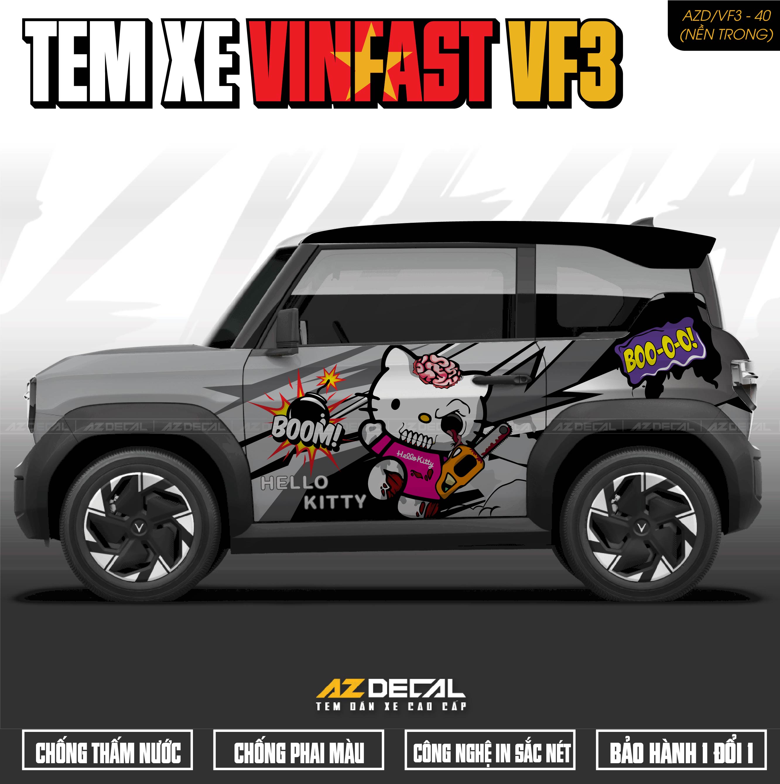 Tem Xe Vinfast VF3 Mẫu VF3-40 Hello Kitty - Thiết Kế Theo Yêu Cầu