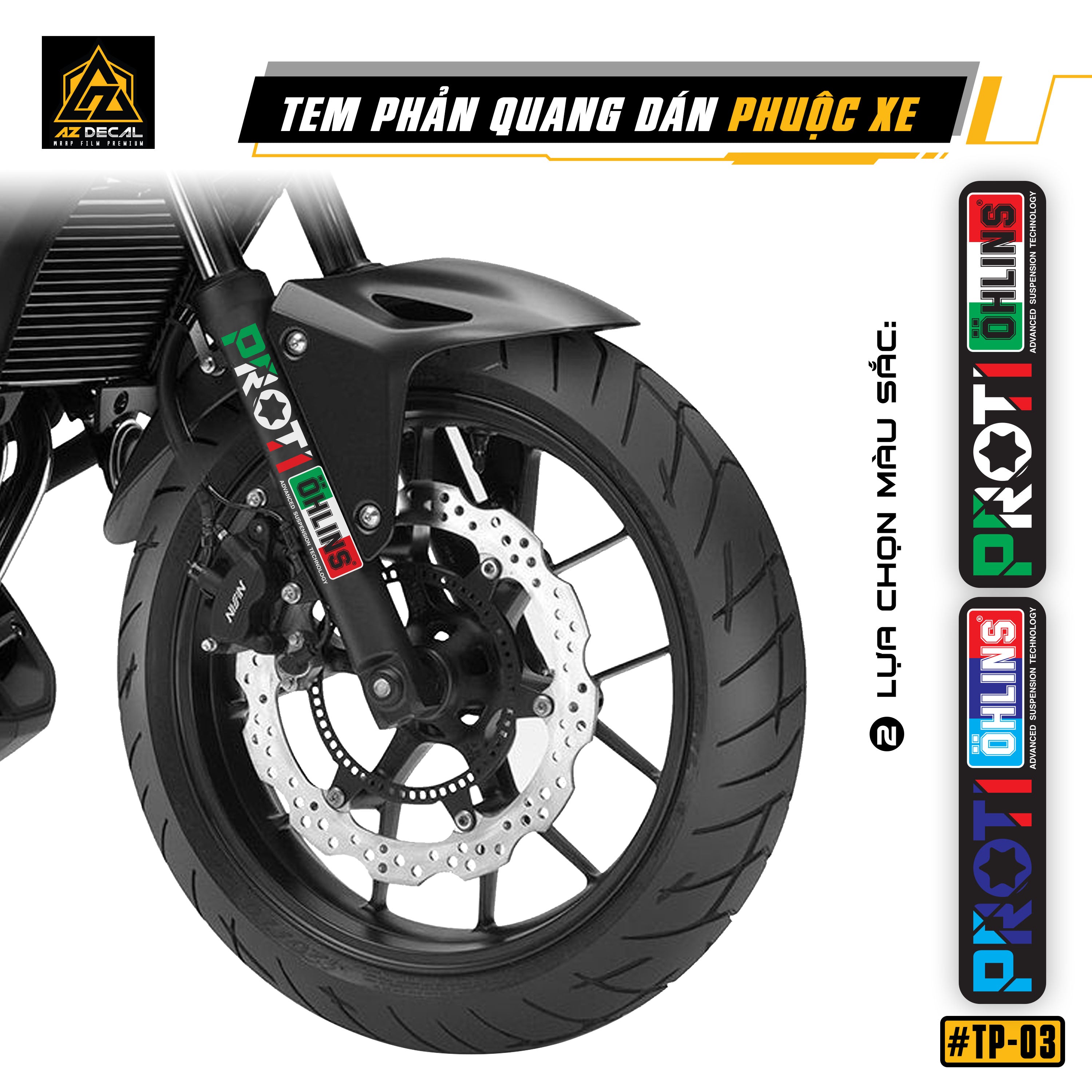 Tem dán phuộc trước xe máy mẫu TP03 Proti Ohlins