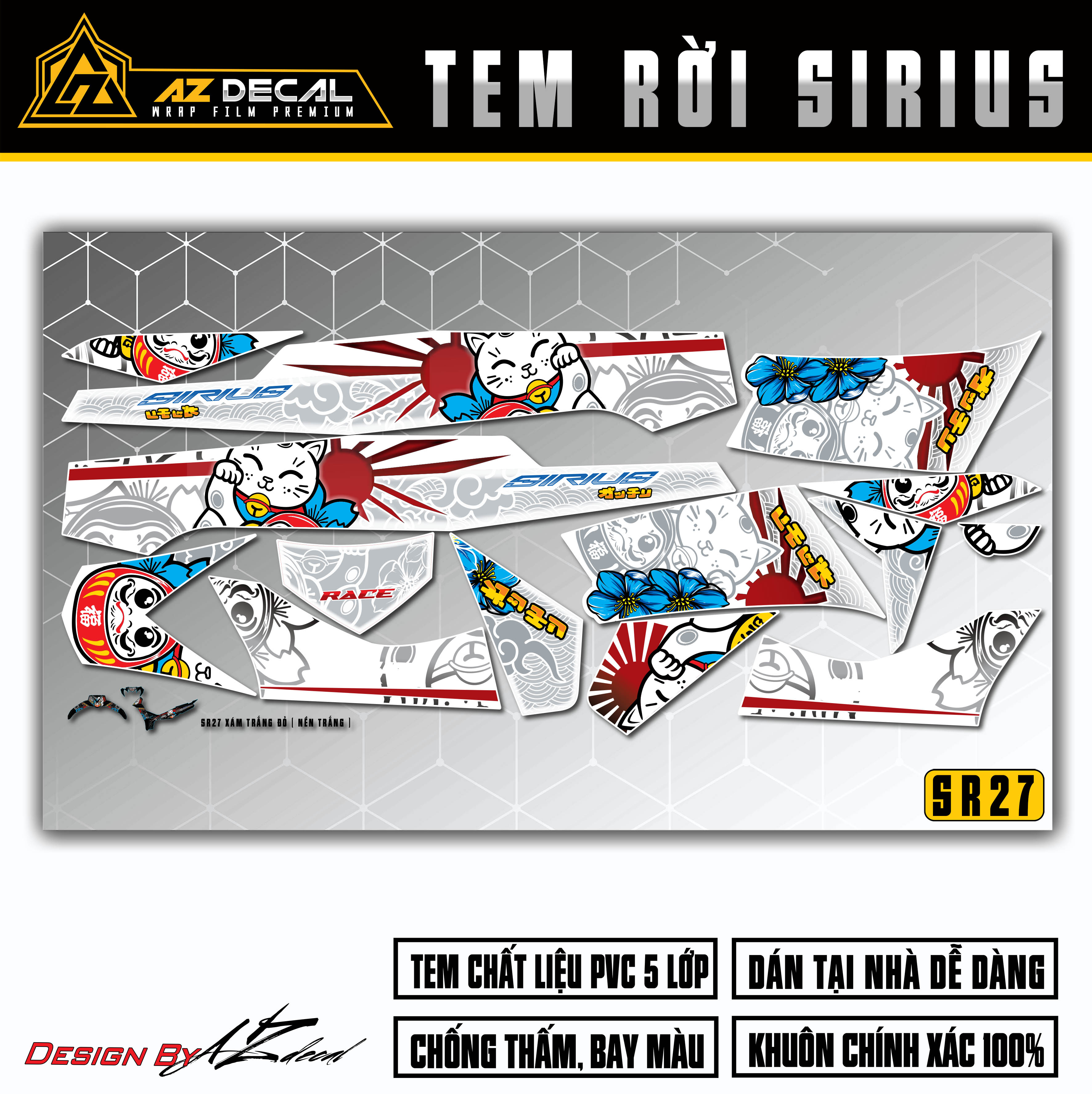 Các chi tiết tem rời Sirius RC mẫu mèo thần tài nền trắng