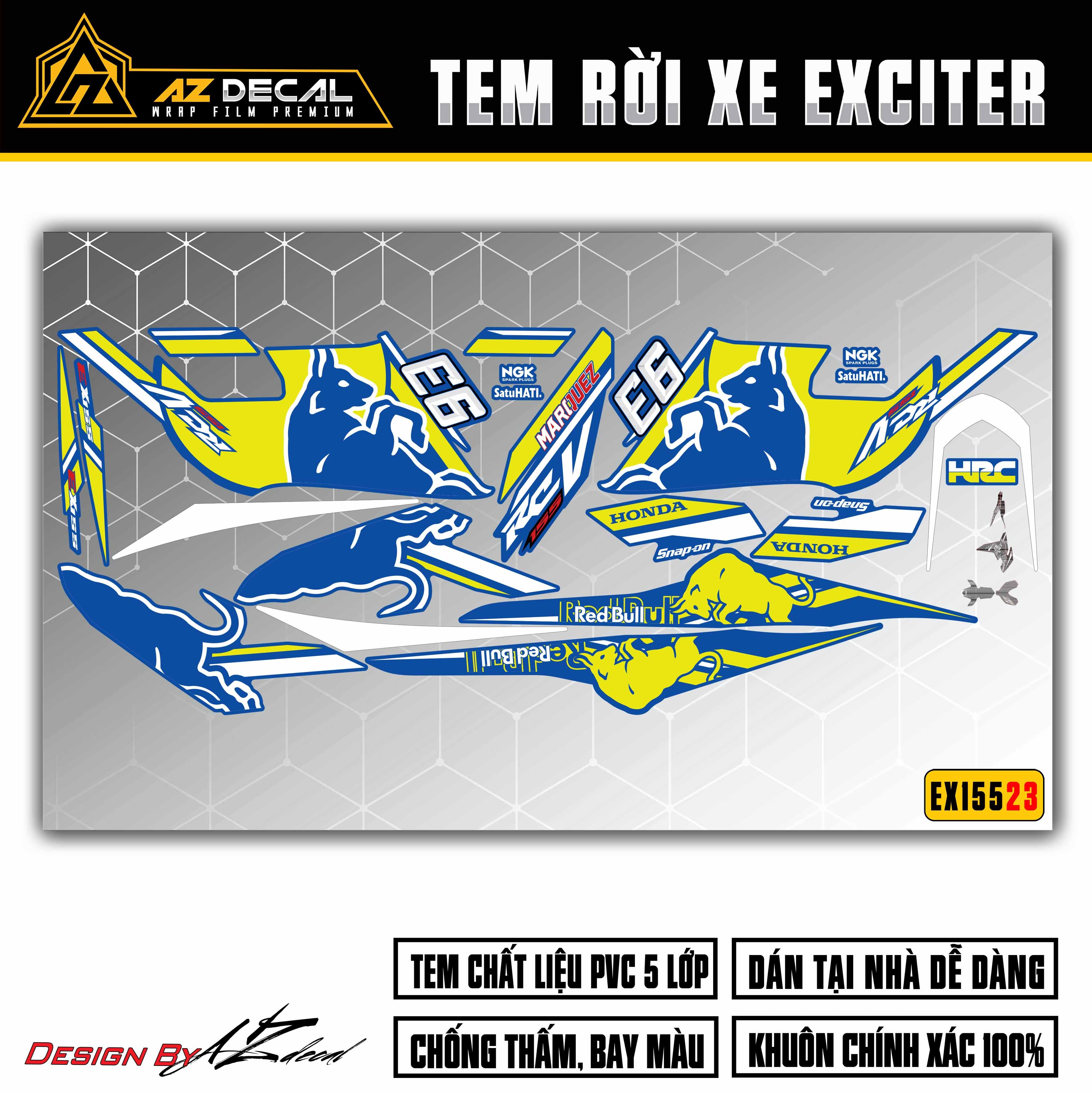 Decal dán xe Exciter 155 màu vàng trắng nền xanh