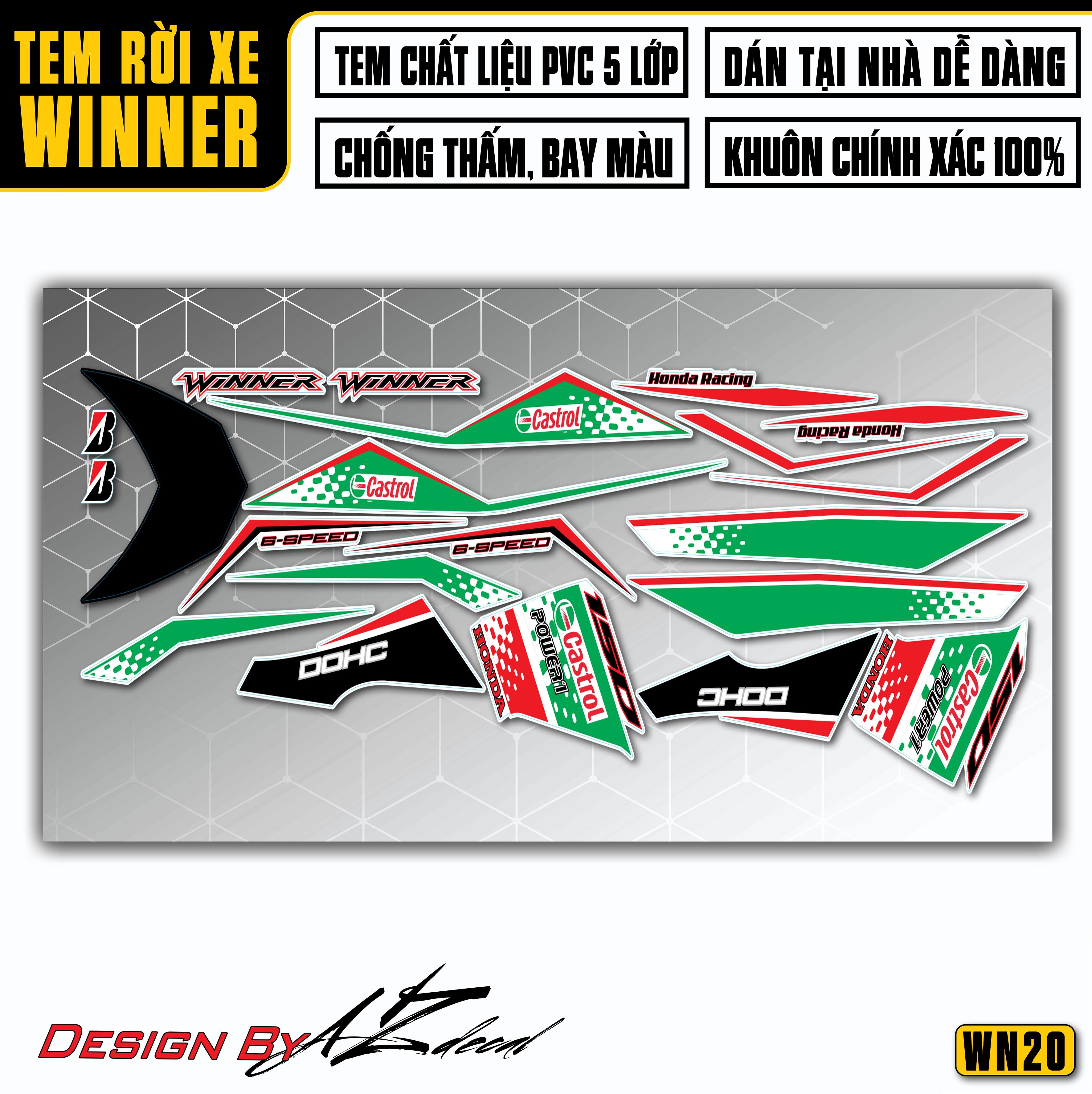 Tem xe Winner 150 Castrol Xanh Trắng Đen