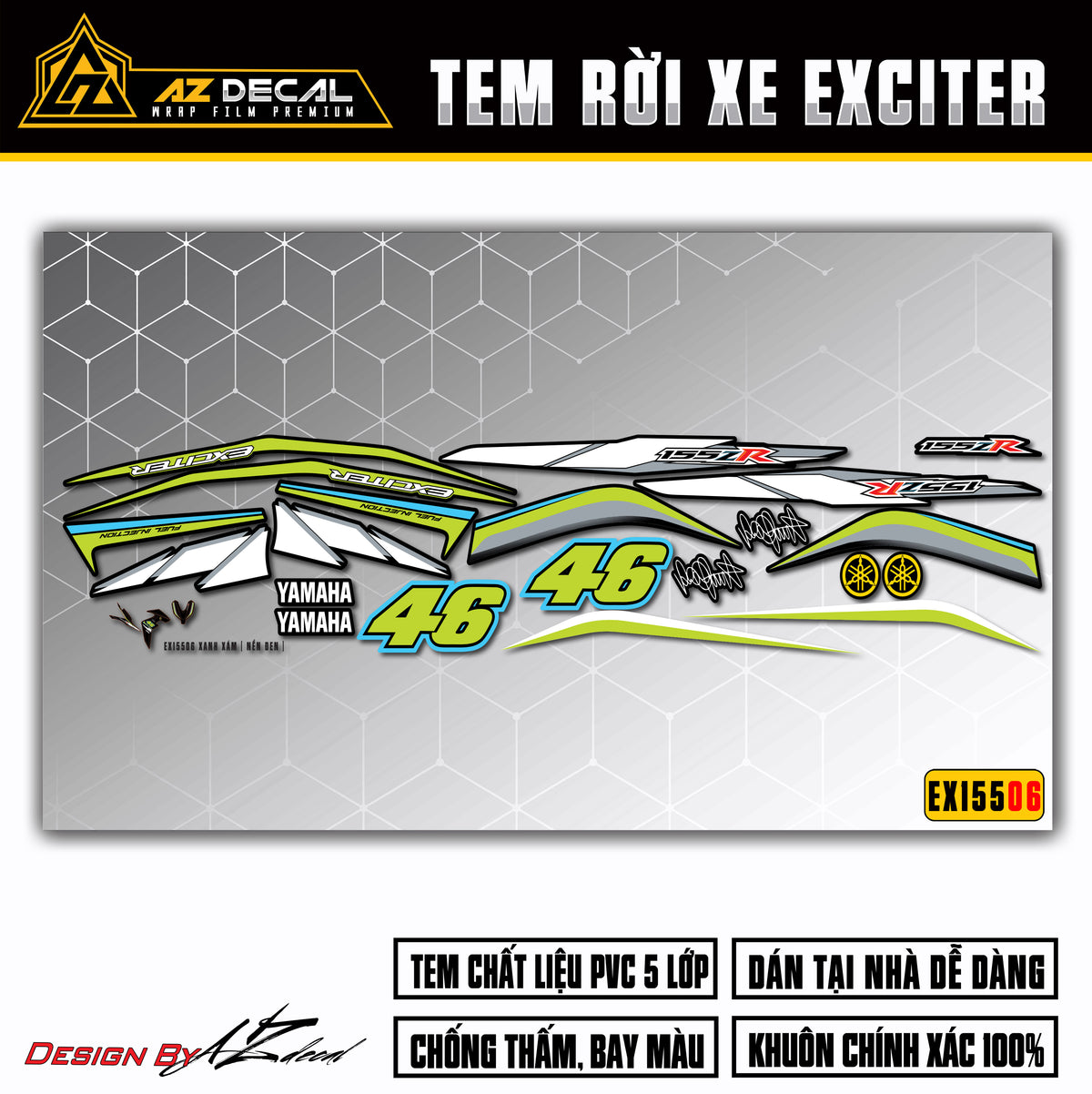 Tem xe Exciter 155 đen mẫu ZR 46 Xanh Xám