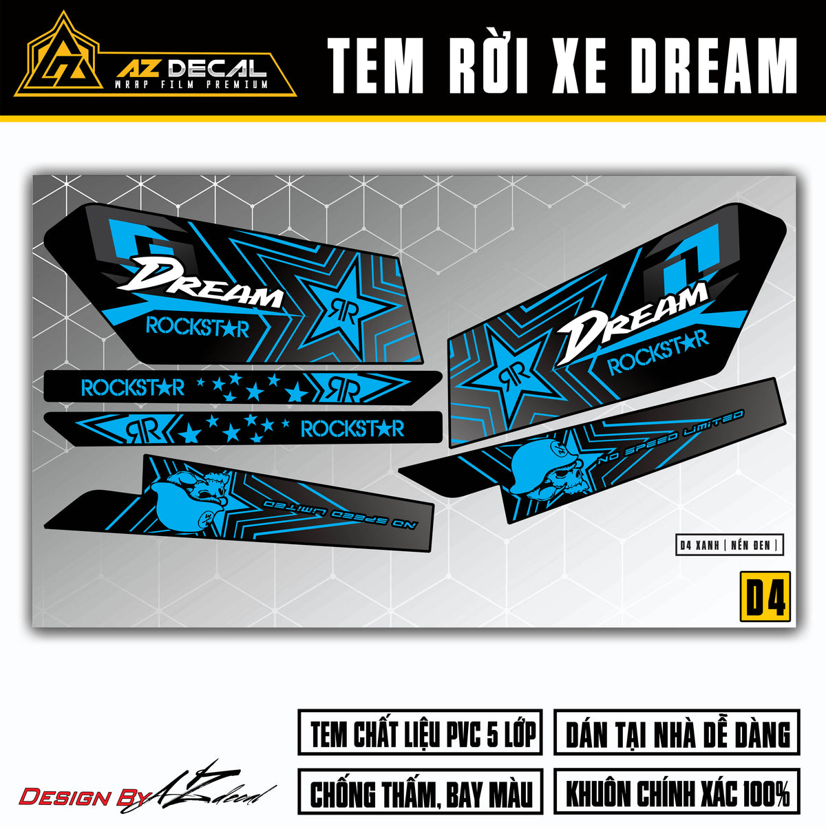 Decal xe Super Dream Việt/Thái mẫu Rockstar màu xanh