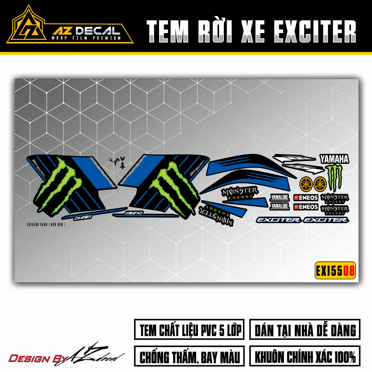 Dán decal xe Exciter 155 mẫu Monster xanh đen