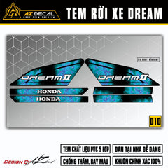 Tem chế xe Dream xanh đen mẫu hoa lửa