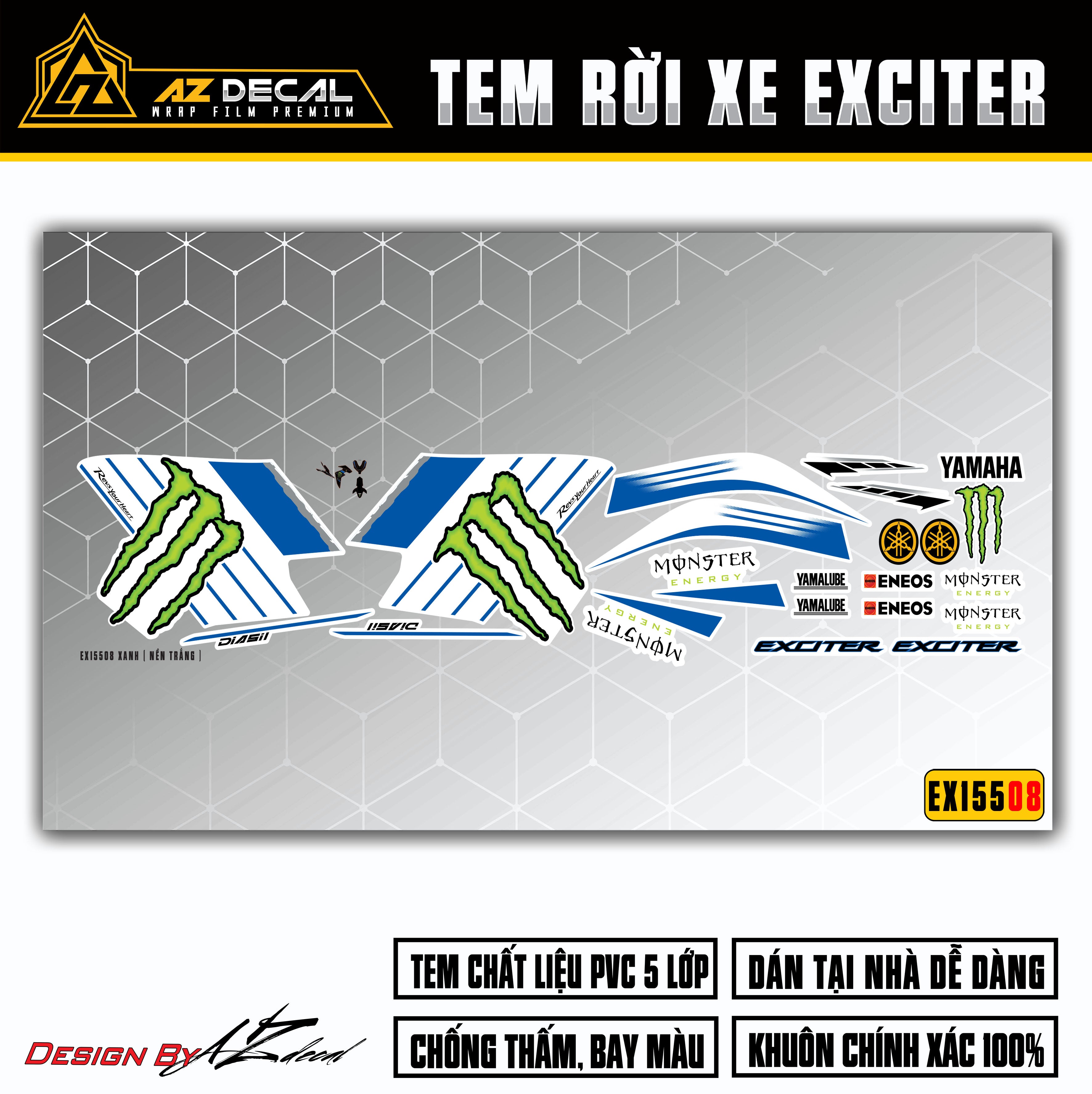 Tem rời Exciter 155 mẫu Monster xanh trắng