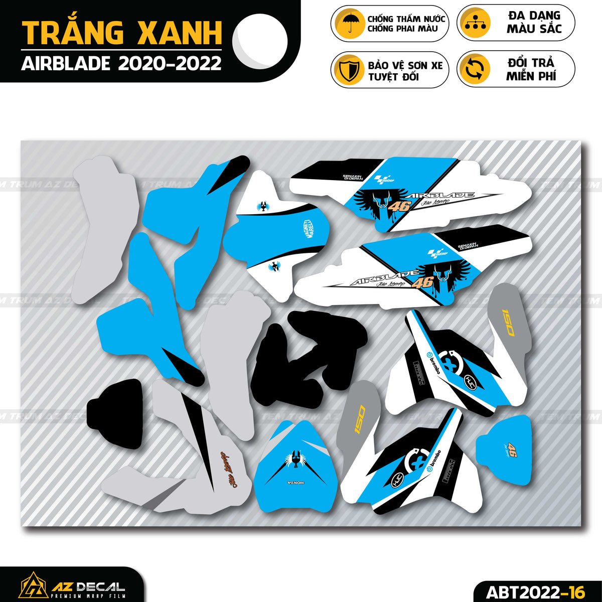 Tem trùm xe Air Blade trắng xanh phong cách 46 Racing