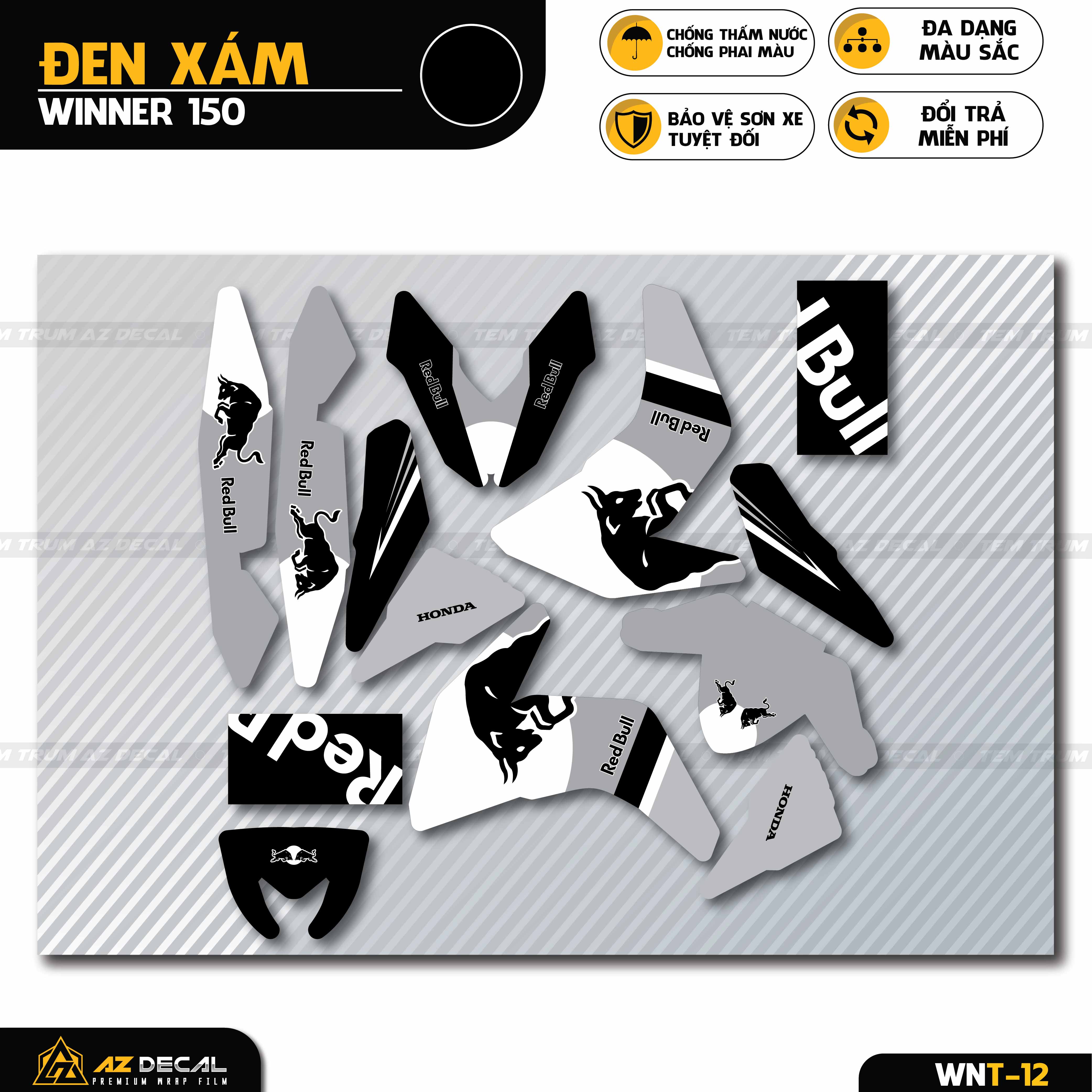 Mẫu decal dán trùm Winner 150 xám đen Red Bull