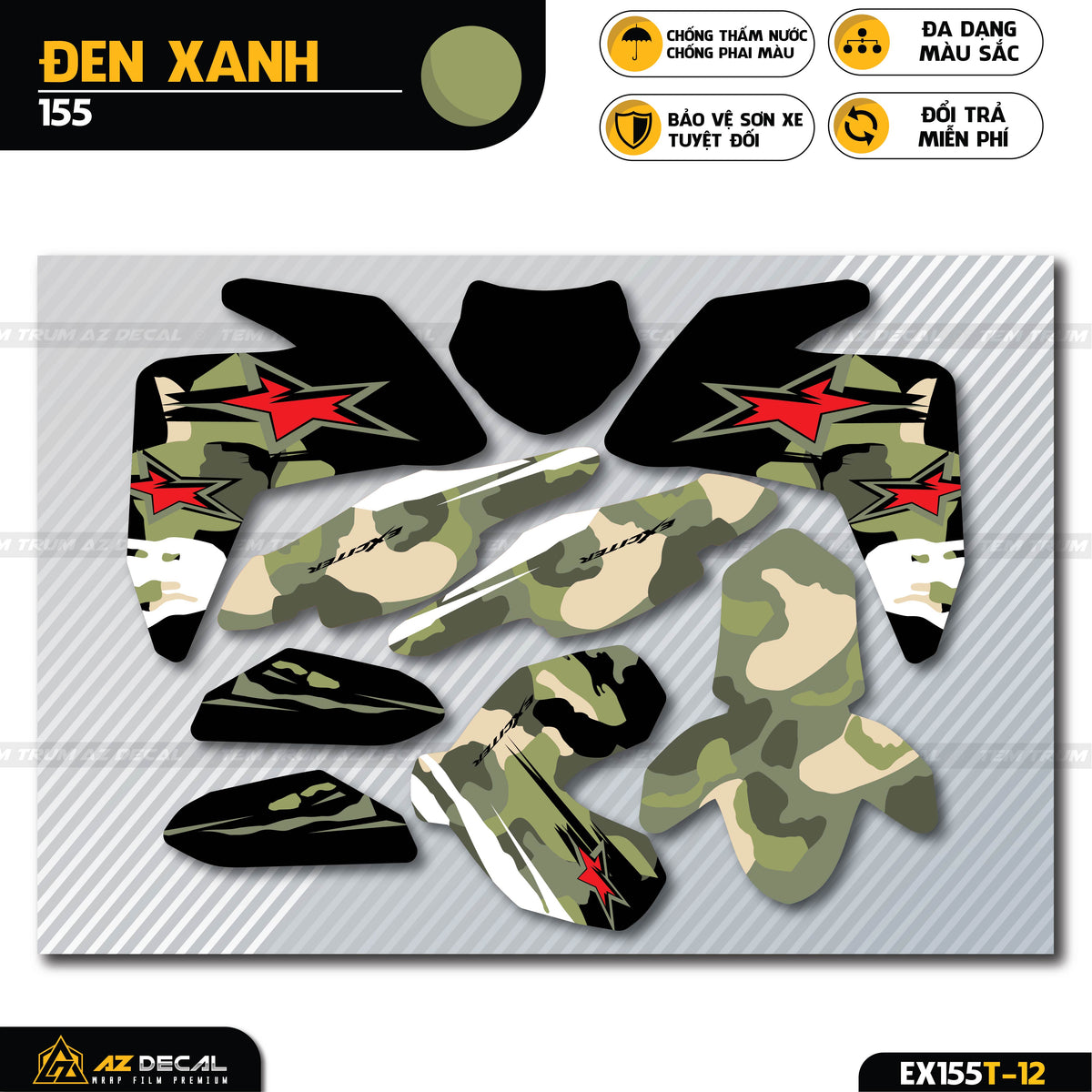 Đề can dán xe Exciter 155 phong cách Camo xanh đen