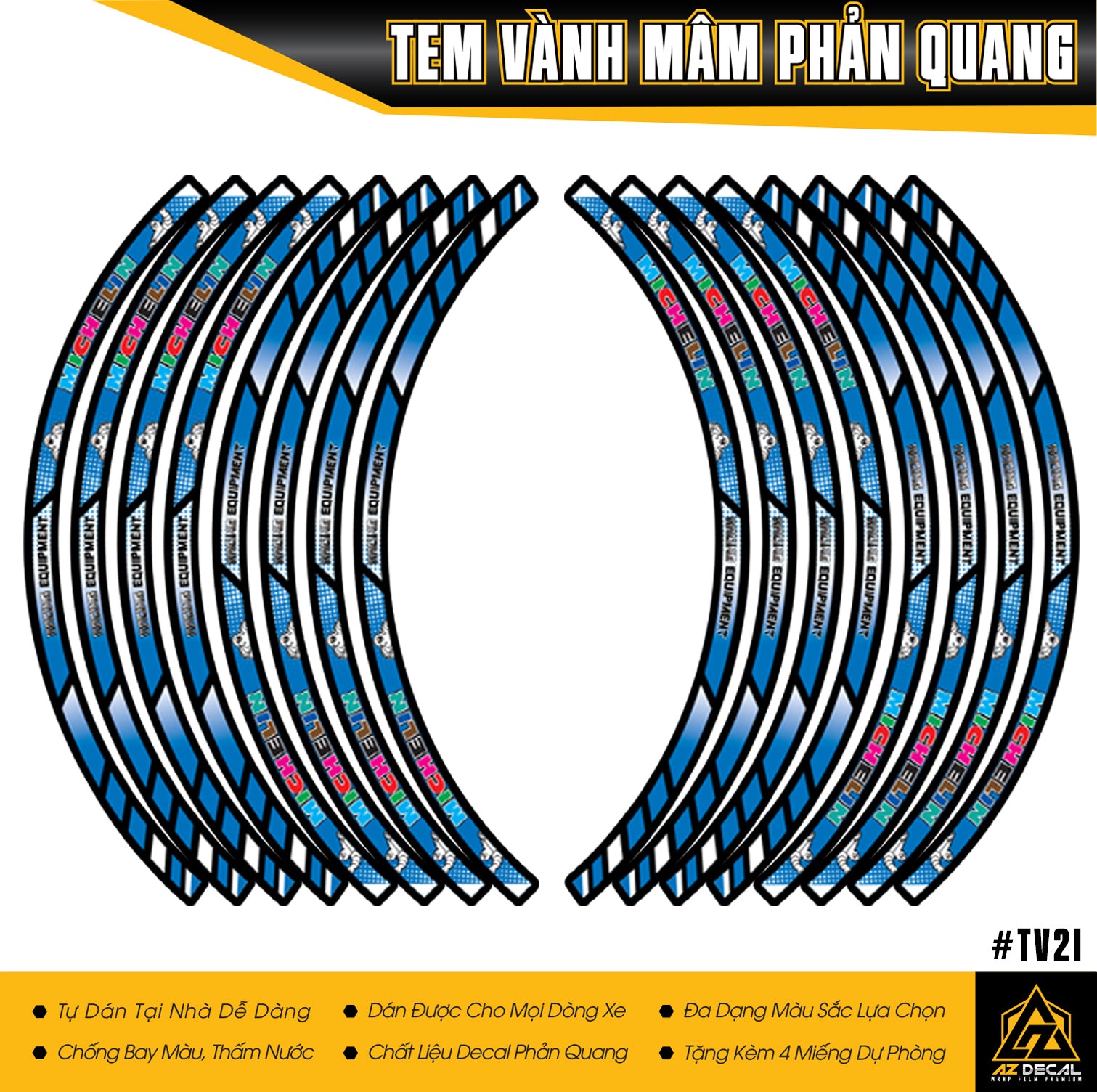 Decal dán vành xe máy phản quang Michelin màu xanh