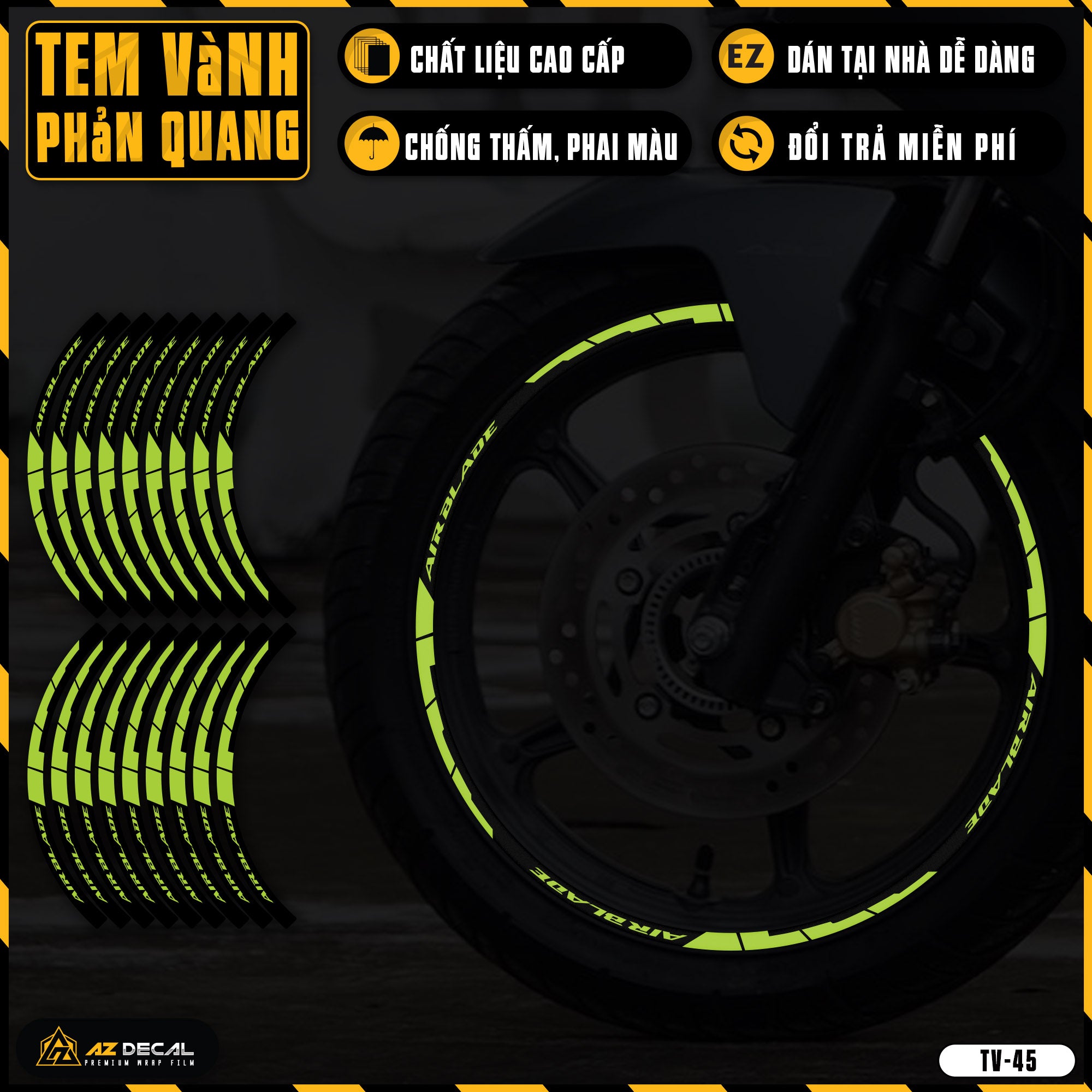 Tem dán vành xe AIR BLADE phản quang TV45 xanh chuối