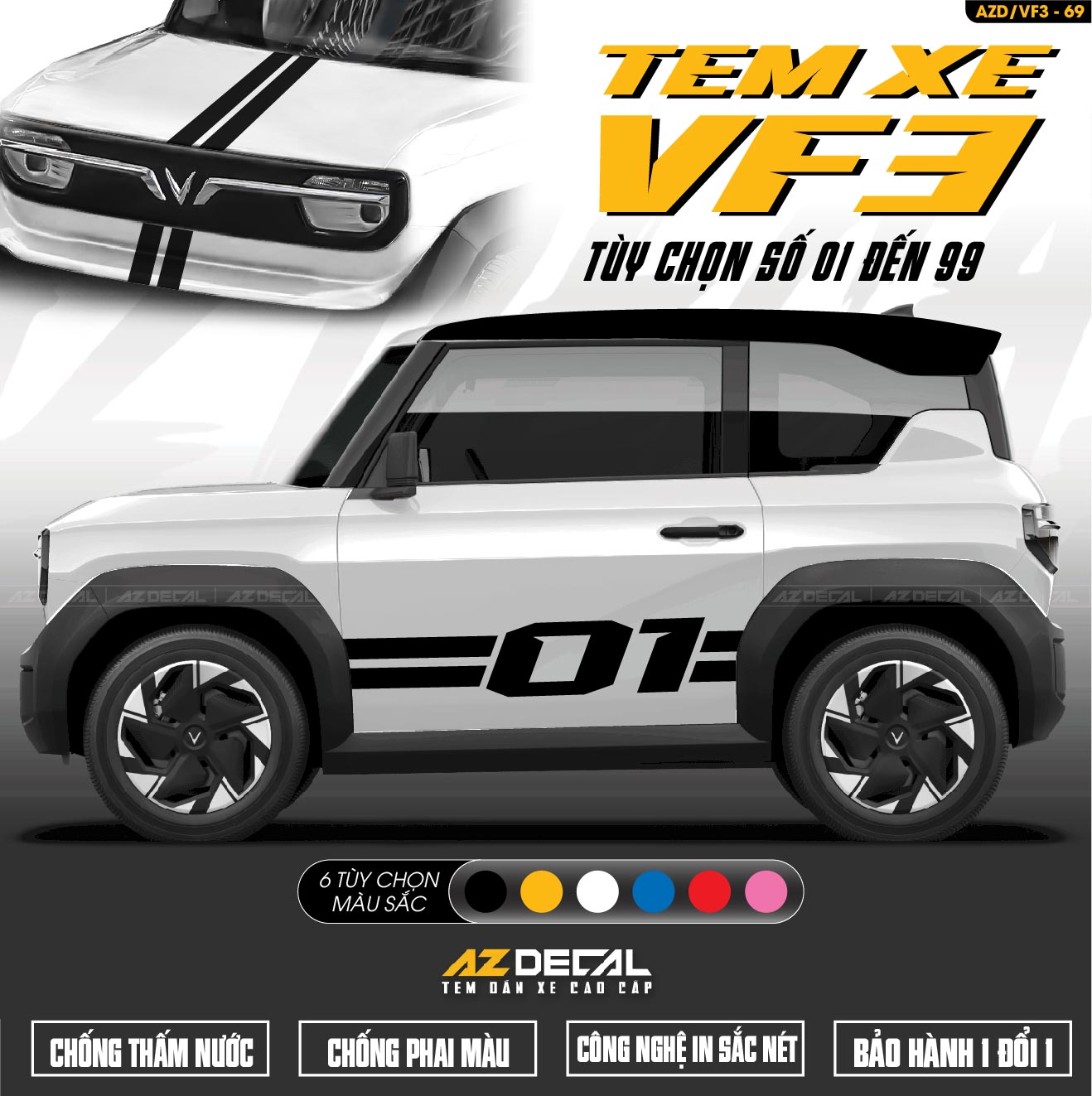 Dán tem xe Vinfast VF3 mẫu VF3-69 Số Tự Chọn